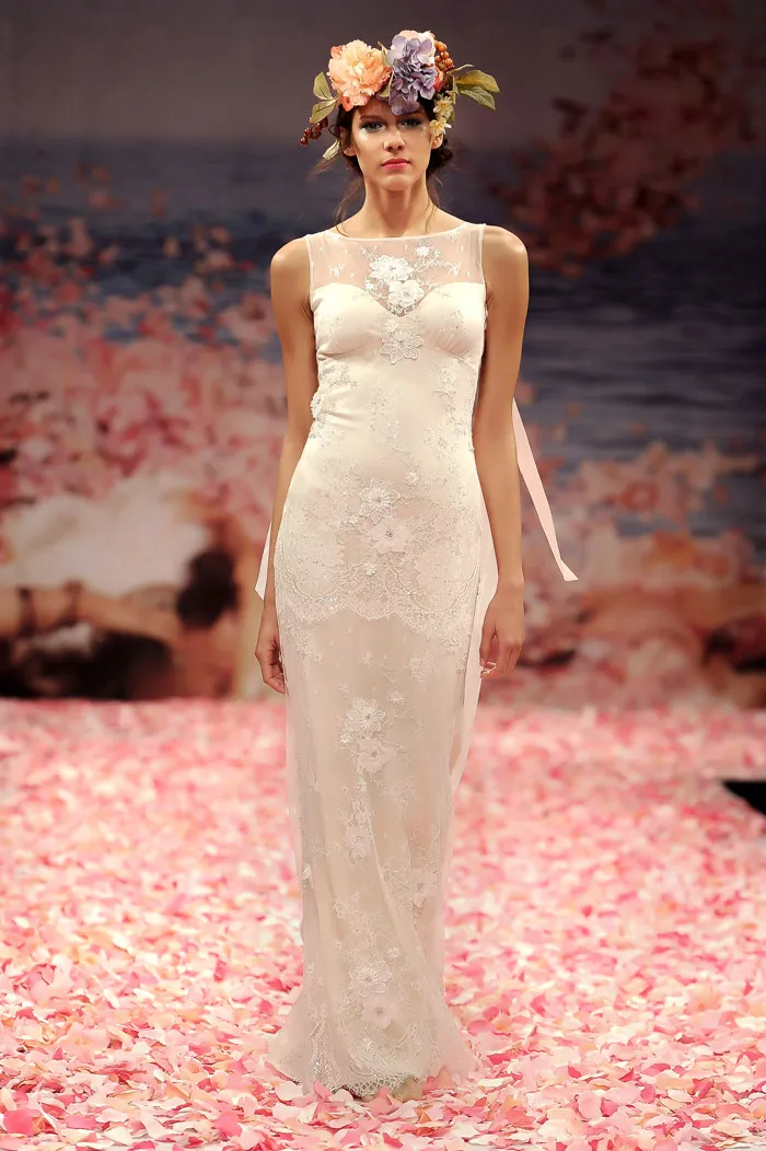 Claire Pettibone 2013 Fall Collection – Aphrodite. Ivory beaded lace gown with blush silk lining and ribbons streaming from the shoulders. theweddingnotebook.com