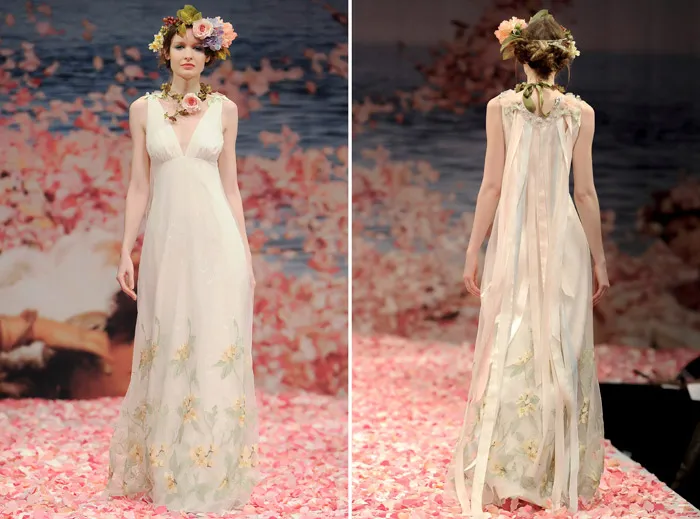 Claire Pettibone 2013 Fall Collection – Aria. Iridescent green embroidery over lace with pastel ribbons streaming from the embellished back. theweddingnotebook.com