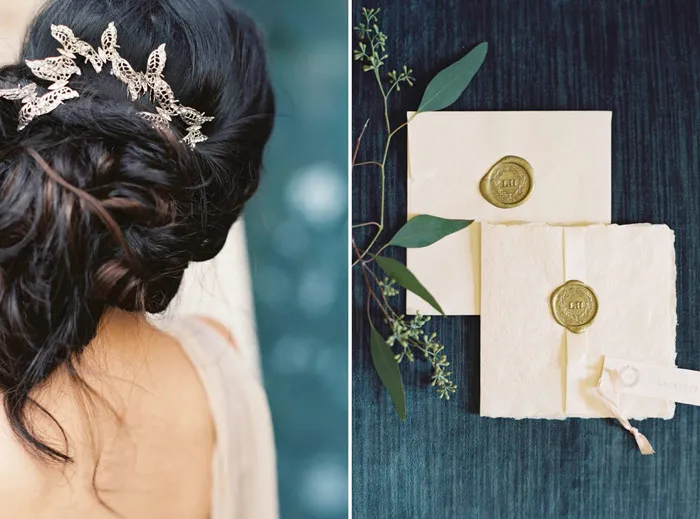 My Heart Flutters comb – Enchanted Atelier By Liv Hart Fall 2015 Collection; Erika Jack Invitation Suite for Liv-Hart. Photo by Laura Gordon Photography. theweddingnotebook.com