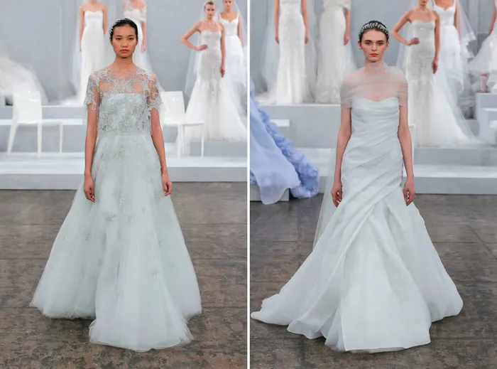 Left: Elsa, Right: Delphine– Monique Lhuillier Spring 2015 Bridal Collection. theweddingnotebook.com