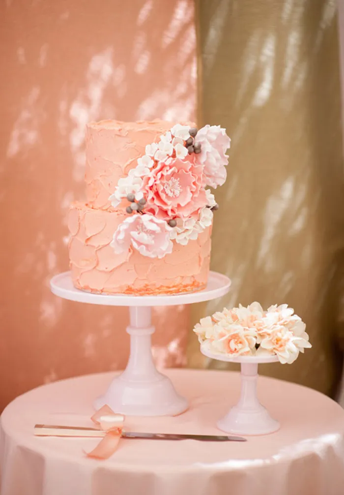Peach colour wedding cake. Tealily Photography. theweddingnotebook.com