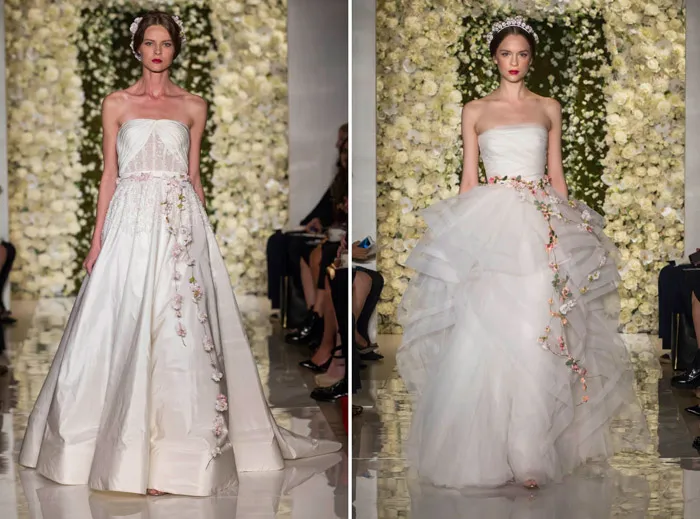 Left: I'm Divine; Right: I'm Romantic – Reem Acra Fall 2015 Bridal Collection. theweddingnotebook.com
